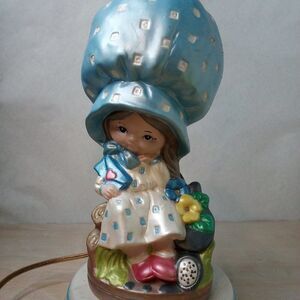 Vintage Atlantic Mold Ceramic Girl Bonnet Flowers Doll Hand Painted Kitschy Lamp